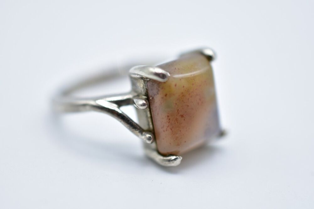Statement 7.5 Ring Silver Tone Unique Gemstone Marble Rock Tribal Vintage Bin7